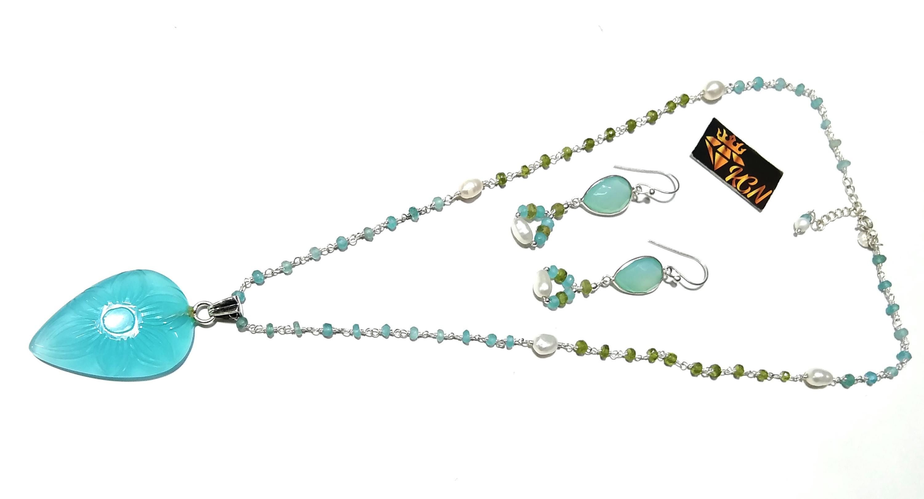 Aqua Calcy Carving Gemstone Earrings And Necklace Jewelry Set, 925 Sterling Silver Jewelry Necklace, Handmade Necklace Gift For Girls/Women